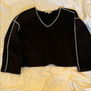 LOFT Black V-Neck Sweater with White Trim